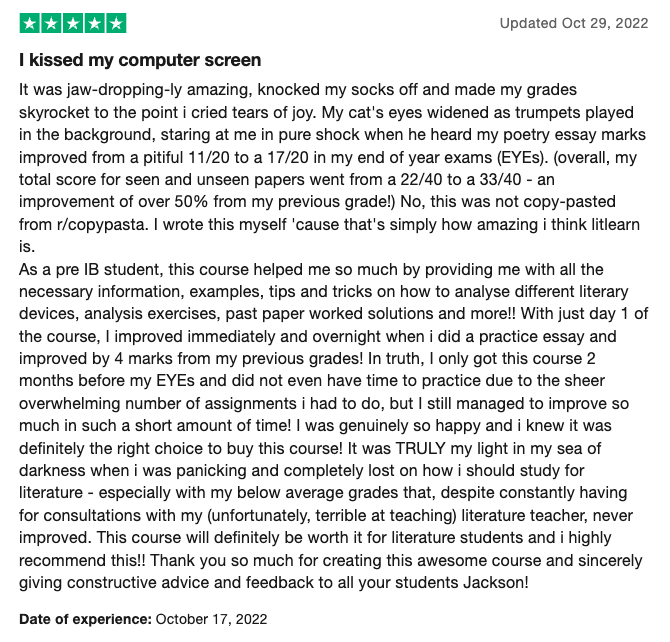 Trustpilot review of LitLearn by Marleen Toh
